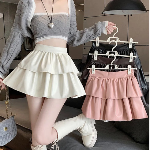 フェイクレザーダブルフリルスカート